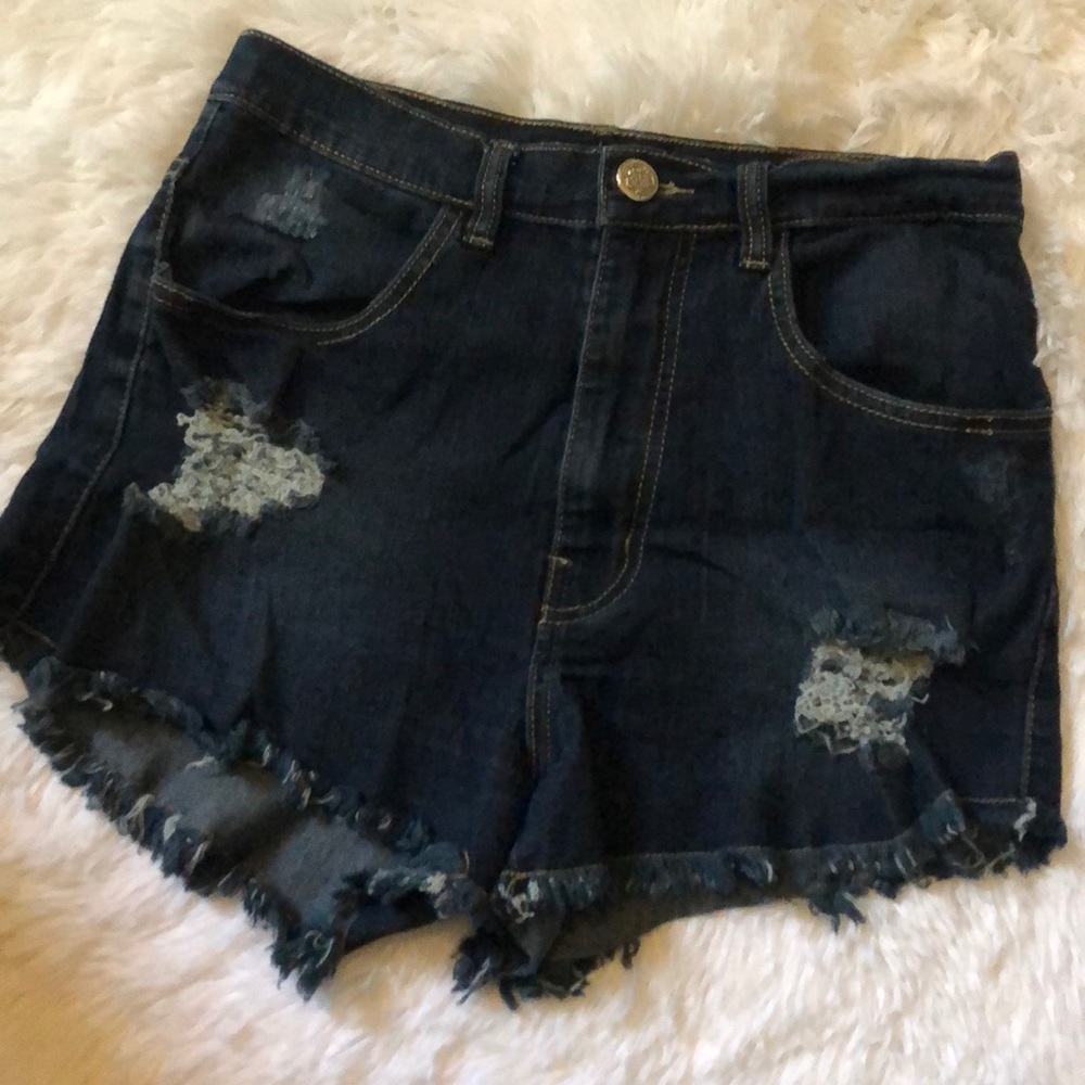 Dark denim distressed shorts